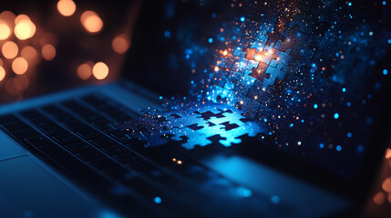 Puzzle. Teamwork. Network concept on laptop screen. Vector low poly wireframe in the form of gold starry sky, consisting of points, lines, and shapes in the form of stars. Vector networking concept.