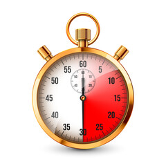 Realistic classic stopwatch. Shiny golden metal chronometer, time counter with dial. Red countdown timer showing minutes and seconds. Time measurement for sport, start, finish. Vector illustration