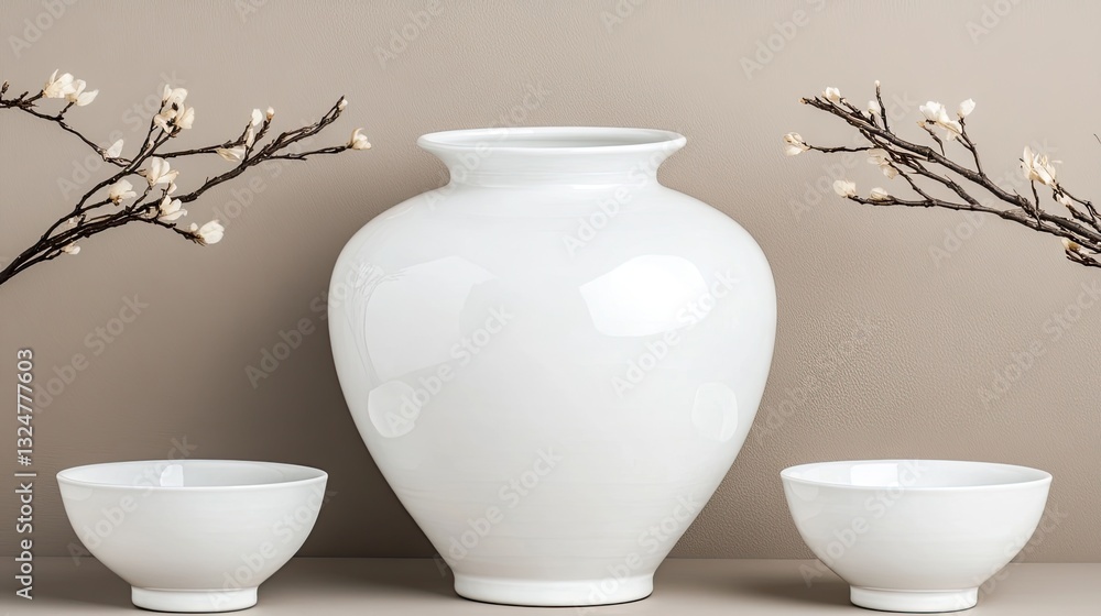 Poster three light gray vases and two bowls on a table create elegant simplicity in a softly lit minimalist