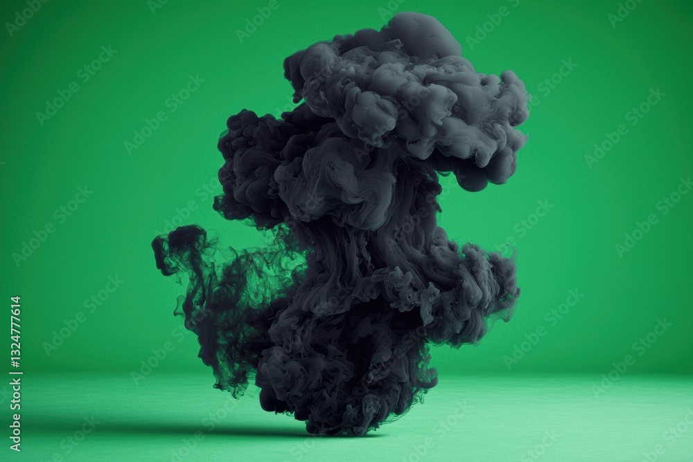 Poster dark smoke cloud forms against a vibrant green backdrop, creating a striking visual effect in a stud