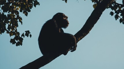 Silhouette Chimpanzee Sitting Tree Branch