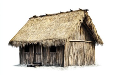 A rustic, thatched-roof cottage surrounded by nature in a tranquil countryside setting isolated on transparent background