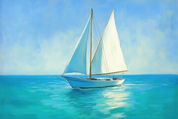 Fototapeta premium A sailboat glides gracefully across a tranquil turquoise sea under a bright, clear sky.