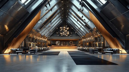 Empty modern industrial hangar interior with large open space and metal ceiling 3D Rendering