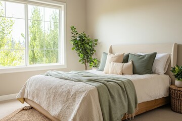 A corner view of the bedroom, showcasing the platform bed with soft bedding and a minimalist headboard