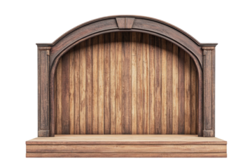 Rustic wooden stage backdrop creating an inviting atmosphere for performances and gatherings isolated on transparent background