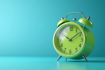 Green Alarm Clock on Turquoise: A vibrant green alarm clock stands against a matching turquoise backdrop, its hands ticking, hinting at time passing and the importance of punctuality.