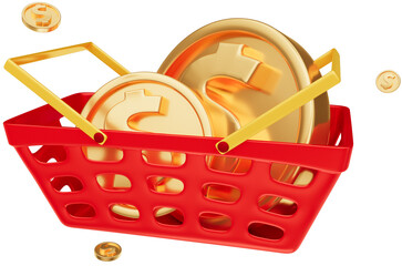 cesta com moedas em 3d
