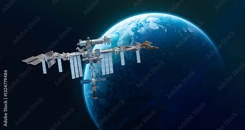 Poster International space station in outer space. ISS on orbit of Earth planet. Space sci-fi collage with satellite and spaceship. Astronauts on orbit. Elements of this image furnished by NASA
