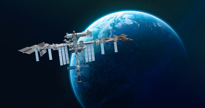 International space station in outer space. ISS on orbit of Earth planet. Space sci-fi collage with satellite and spaceship. Astronauts on orbit. Elements of this image furnished by NASA