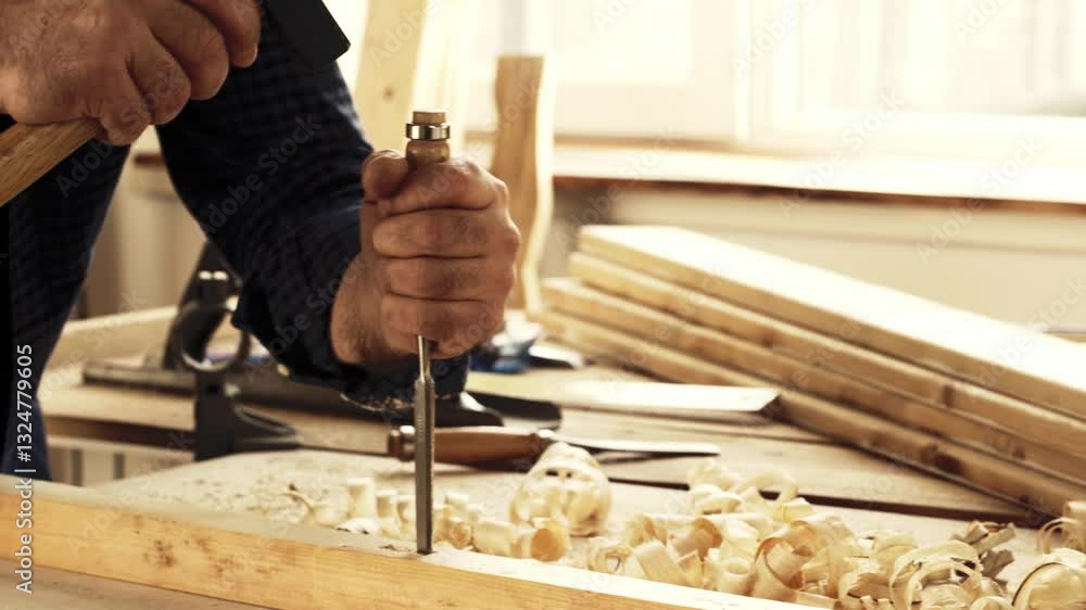 Poster crafting wood with precision tools in a workshop environment during daytime hours