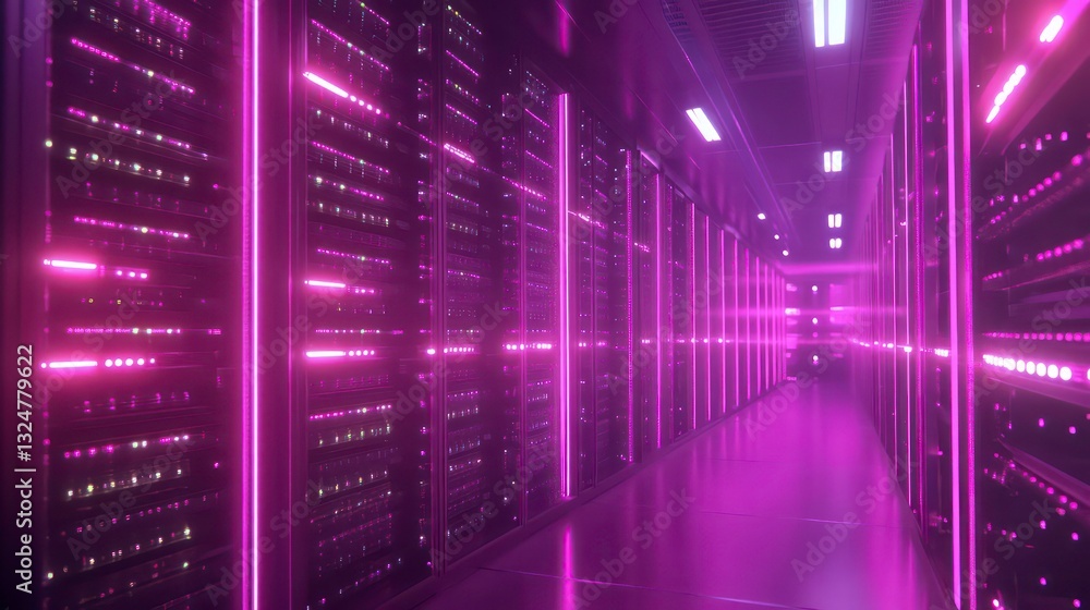 Aufkleber futuristic data center with rows of servers and flashing lights, connected by glowing lines. perfect