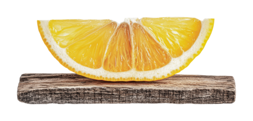 Fresh lemon slice on rustic wooden board with detailed texture and vibrant yellow color, cut out