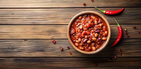 Chili con carne with beans and meat on a wooden background, top view. The bowl of chili is placed in the center of an old wooden table. 