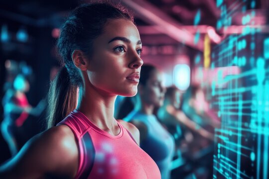 Innovative financial data processing exercise for diverse participants in a modern training facility, financial data processing over diverse people exercising at gym