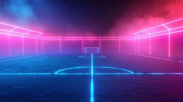 A textured soccer field with neon fog at its center, featuring a captivating midfield scene in a 3D-rendered illustration