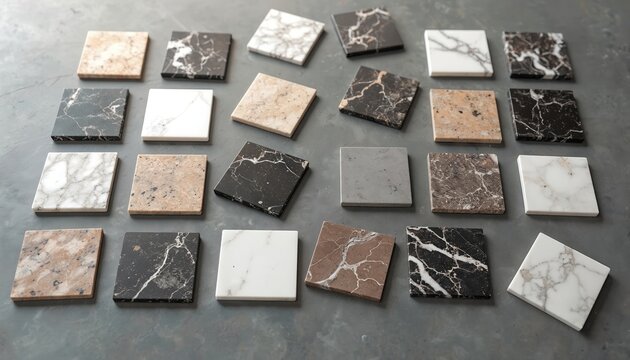 Square samples array of countertop materials. Marble, granite patterns, colors for interior design selection. Kitchen, bathroom renovation remodeling material. Luxurious elegant modern traditional