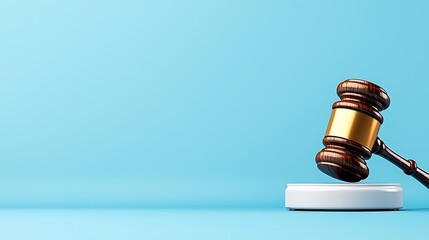 Gavel on White Platform Light Blue Background