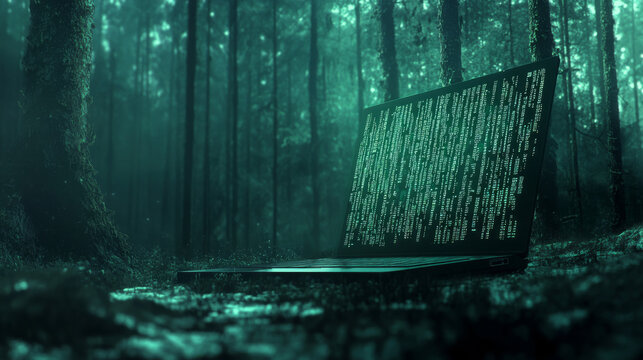 Software development. Programming, coding and software testing on laptop. Laptop hanging over table with program code on the screen. Digital Computer technology isometric background concept.