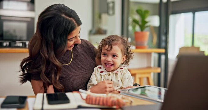 Remote work, baby and mama with smile, home and typing with happiness in living room. Apartment, family and single parent with kid on lap, child or cheerful with multitasking, mom or funny with humor