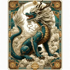 Fototapeta premium Celestial Qilin Portrait within an Ornate Asian-Inspired Card Design