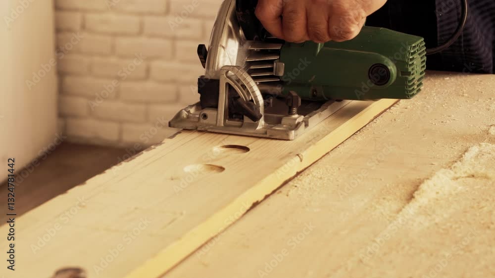 Poster learning to use a power jigsaw for precise cuts in woodworking projects at a home workshop