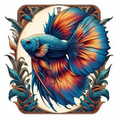 Obraz premium Elaborate depiction of Betta splendens in an ornamental tarot card inspired frame