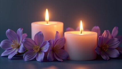 Soft candlelight casts a warm, inviting glow on two candles and the surrounding floral arrangement, ideal for enhancing home and interior decorative lighting.