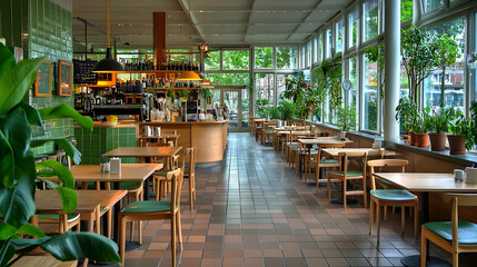 Empty Cafe Interior With Green Tiled Wall Wooden Tables Chairs And Natural Light Entering Through Large Windows