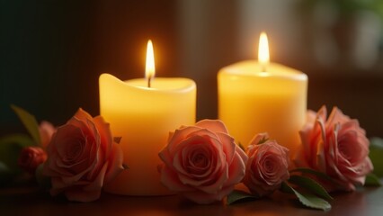 Soft candlelight casts a warm, inviting glow on two candles and the surrounding floral arrangement, ideal for enhancing home and interior decorative lighting.