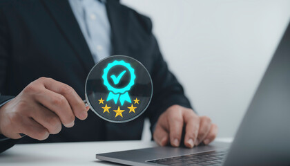 Businessman holding a digital certification badge symbolizing quality assurance and customer trust. professional standards and product certification themes