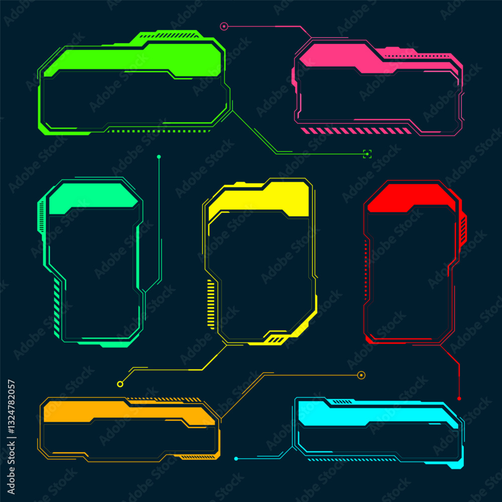 Poster futuristic hud or ui elements. sci-fi user interface text boxes, callouts. colorful warning message 