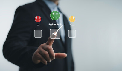 Business professional selecting a five-star rating in a digital feedback system, representing customer satisfaction and quality service. Ideal for business, marketing, and online reviews