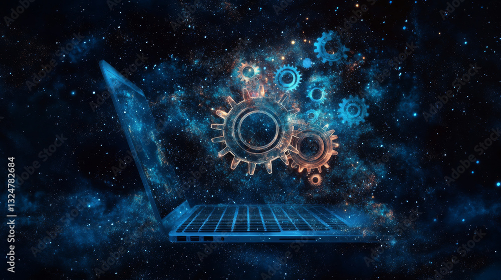 Poster gears. computer service concept. gearing on laptop. vector low poly wireframe in the form of a starr