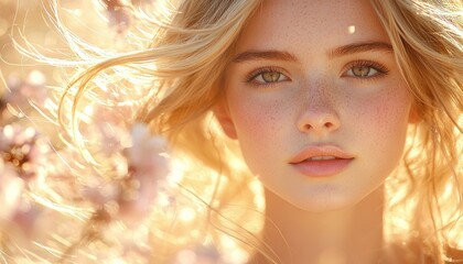 Fototapeta premium Golden Hour Beauty: Freckled Girl in Blossoming Field