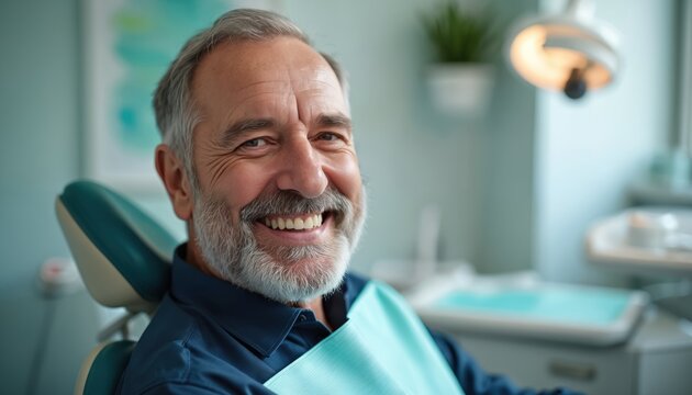 Smiling mature man at dentist for healthy teeth. Senior male in chair at clinic. Elderly patient treats teeth. Dentistry for seniors with care and hygiene.