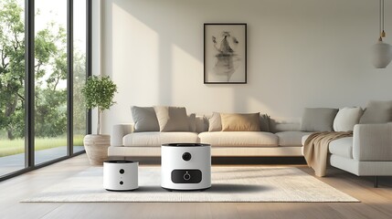 Modern living room with sleek, white, round devices