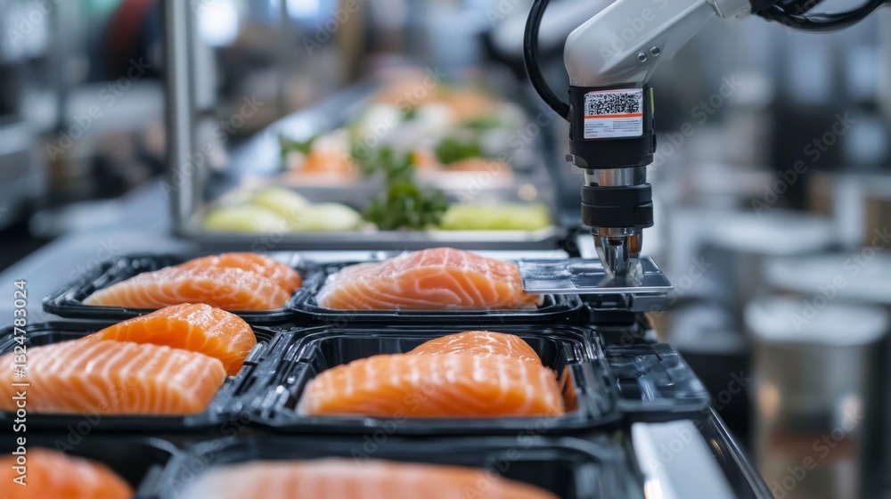 Poster in a modern food production facility, a robotic arm skillfully places fresh salmon fillets onto tray