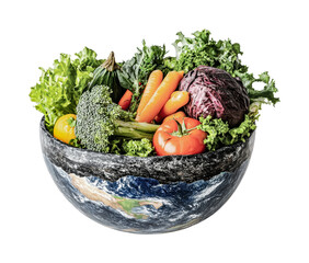 Bowl of fresh vegetables in earth-shaped vessel representing global sustainability, cut out