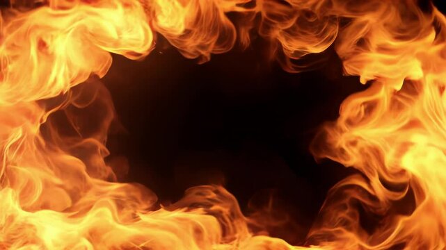 Realistic fire flames burning border frame on black background