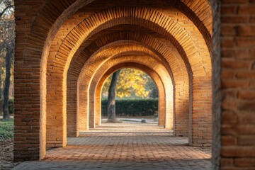 Obraz premium A sunlit brick archway leads to a park, creating a mesmerizing perspective.