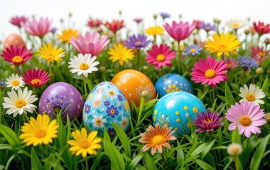 Colorful Easter Eggs Hidden in a Meadow of Spring Flowers