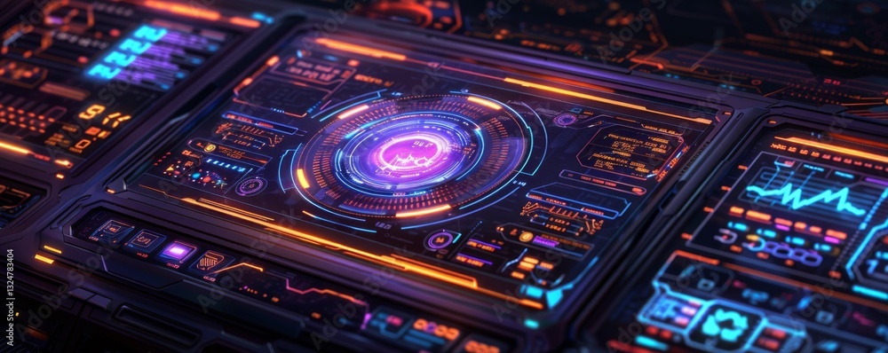 Poster futuristic holographic interface displays dynamic financial data and real-time transaction updates i