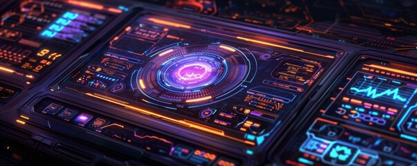 Futuristic holographic interface displays dynamic financial data and real-time transaction updates in a digital landscape