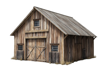 A rustic barn stands alone in a serene twilight landscape, embodying simplicity and charm isolated on transparent background