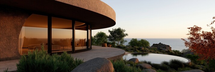 Fototapeta premium A stunning modern beach house featuring large windows, round architecture, and beautifully landscaped gardens overlooking the ocean at sunrise, creating a serene atmosphere.