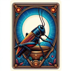 Intricate cricket tarot card illustration with celestial background details