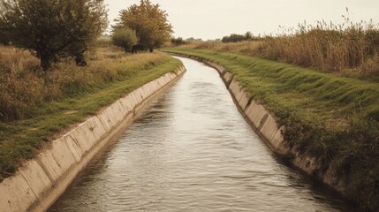 Obraz premium Calm irrigation canal flowing through rural landscape.