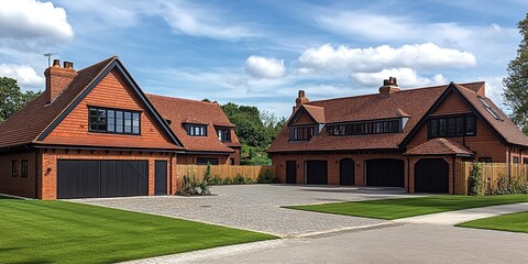 Fototapeta premium A row of modern, newly built brick houses in the UK with a central garage and driveway on an empty street. The bricks used to make these buildings have a dark red coloring