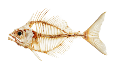 Detailed fish skeleton with prominent fins and spines, cut out